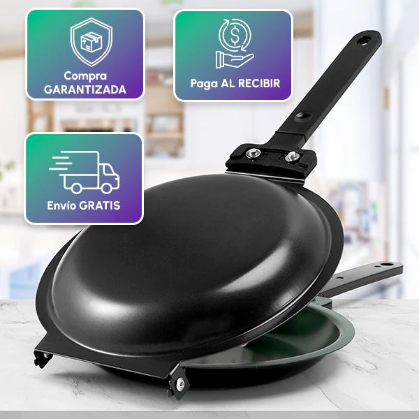 Sarten doble cara 👉 No más accidentes al voltear tus tortillas y panqueques.