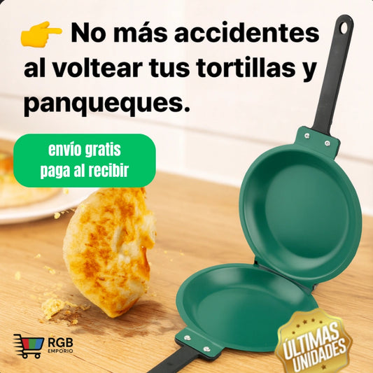 Sarten doble cara 👉 No más accidentes al voltear tus tortillas y panqueques.