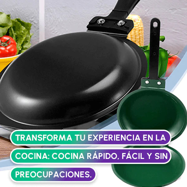 Sarten doble cara 👉 No más accidentes al voltear tus tortillas y panqueques.